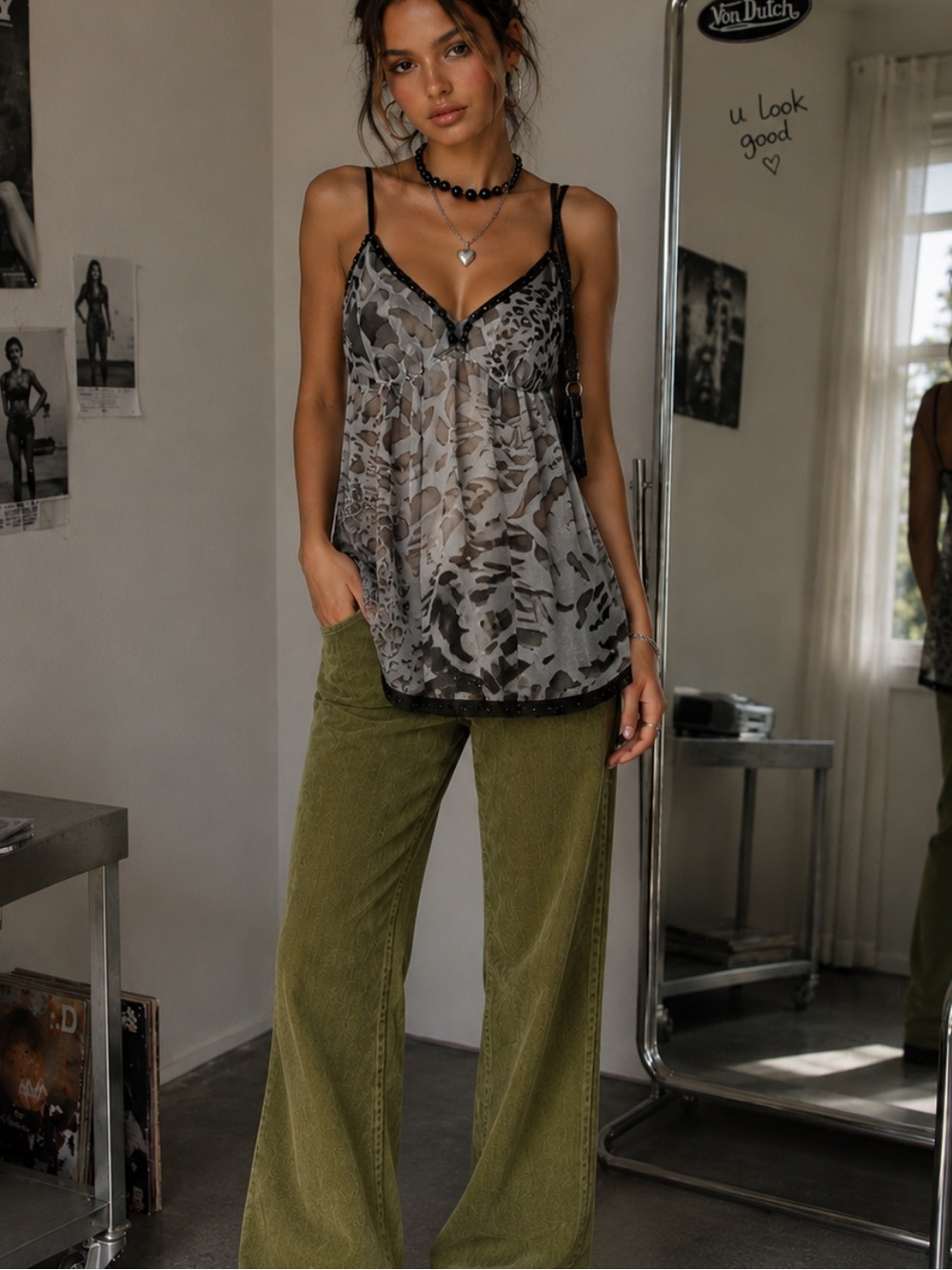 Nicole Miller Womens Beaded Y2K Babydoll Top Sz 10 Animal Burnout Indie